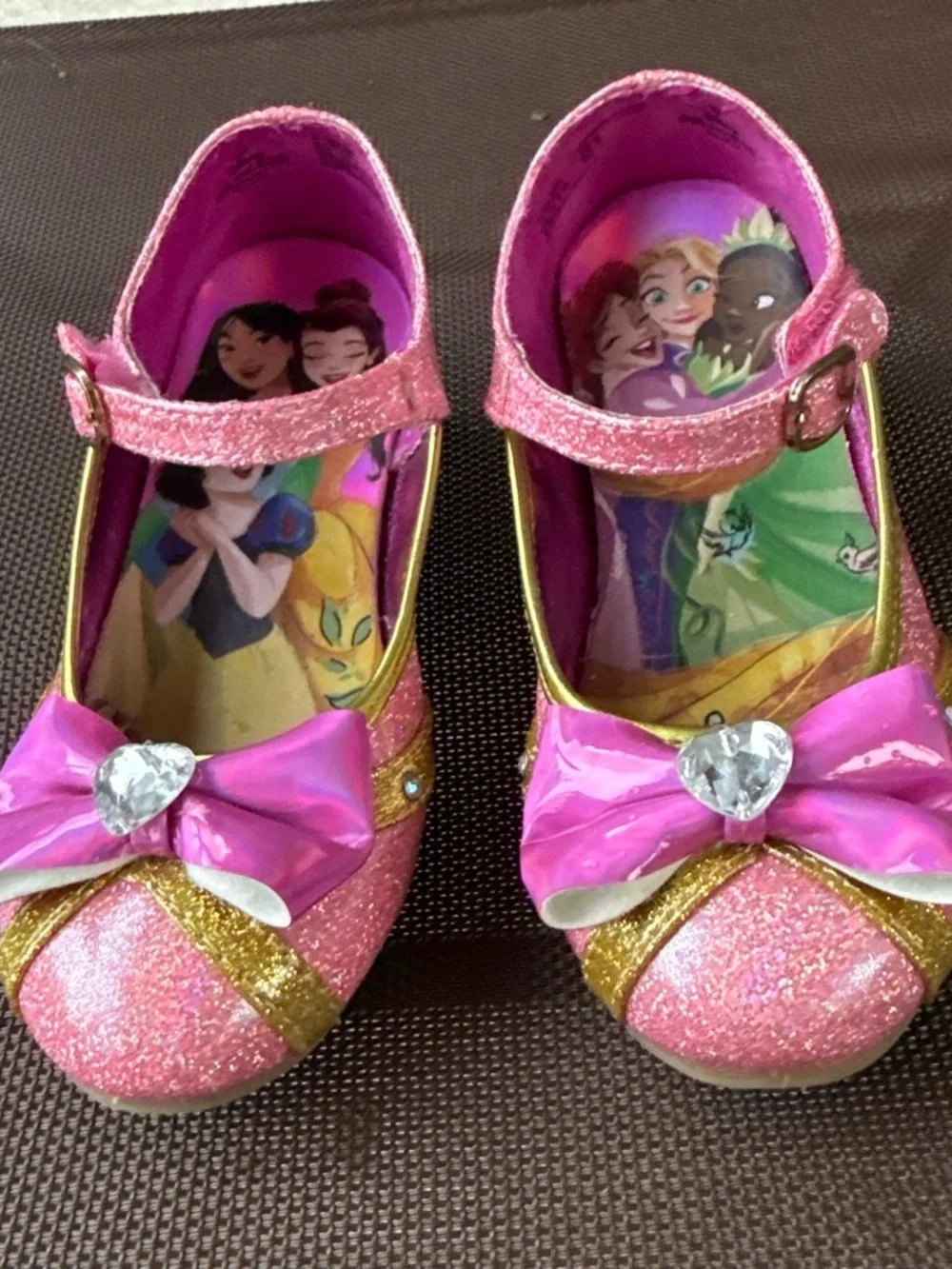Disney Pink Glitter Girls' Mary Janes with Gold Accents and Bow